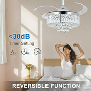 DLLT 42 In Modern Crystal Retractable Invisible Blades Fandelier, LED Chandelier Ceiling Fan with Lights and Remote for Bedroom, Living Room, 3 Color Changeable 3000K-6000K, Reversible DC Motor, 6 Speed, Silver - WS-FPZ39-36C 14 | DEPULEY