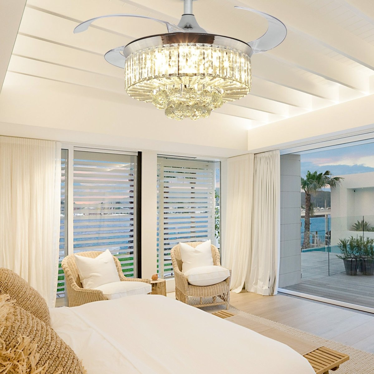 42'' Fandelier Ceiling Fan with Light, Retractable Chandelier Fa 並行輸入品 : A Million 42 inches Modern Crystal Ceiling Fan with