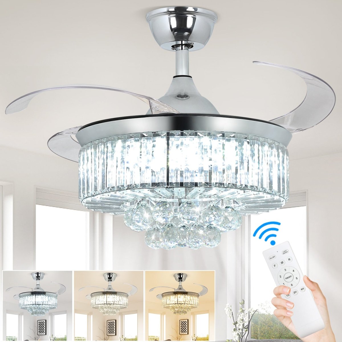 DLLT 42 In Modern Crystal Retractable Invisible Blades Fandelier, LED Chandelier Ceiling Fan with Lights and Remote for Bedroom, Living Room, 3 Color Changeable 3000K-6000K, Reversible DC Motor, 6 Speed, Silver - WS-FPZ39-36C 3 | DEPULEY