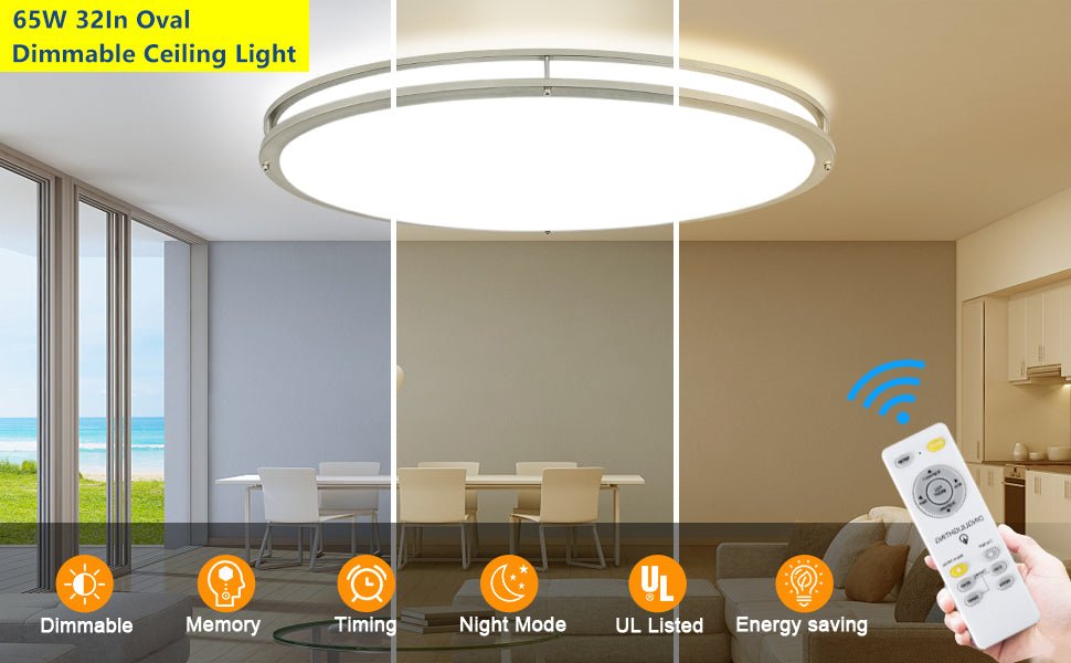 DLLT 65W Dimmable LED Flush Mount Ceiling Light with Remote, 32" Oval Brush Nickel Finish Close to Ceiling Light Fixture for Bedroom/Living Room/Kitchen Lighting, 3CCT Adjustable - WS-FPC39-65C-B 9 | DEPULEY