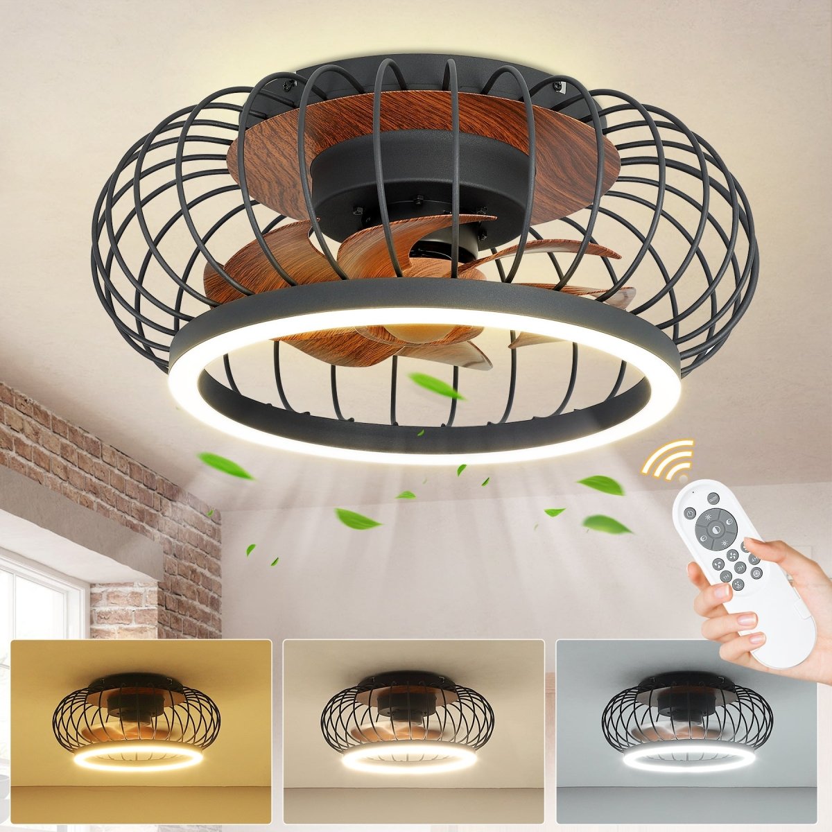 DLLT Cage Ceiling Fan with Lights Remote Control, 17” Small Industrial Bladeless Fan Light with 3 Speed, Smart 18W LED Dimmable Lighting Indoor Low Profile Ceiling Fan Flush Mount, 3 Color Changeable - WS-FPZ30-18C 1 | DEPULEY