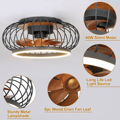 DLLT Cage Ceiling Fan with Lights Remote Control, 17” Small Industrial Bladeless Fan Light with 3 Speed, Smart 18W LED Dimmable Lighting Indoor Low Profile Ceiling Fan Flush Mount, 3 Color Changeable - WS-FPZ30-18C 3 | DEPULEY