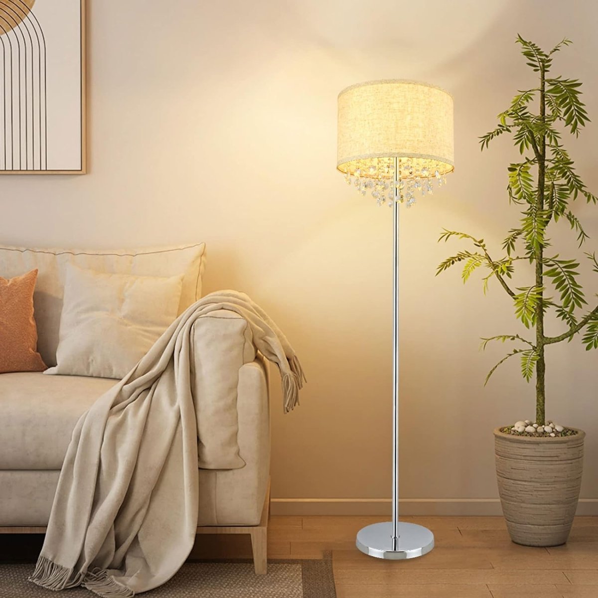 DLLT Crystal Floor Lamp for Living Room Modern Standing Lamp for Bedroom, Chrome Finish, 64” Tall Pole LED Floor Lamp, 9W LED Bulb Included, Fabric Shade, Silver - PY-F1032S 1 | DEPULEY