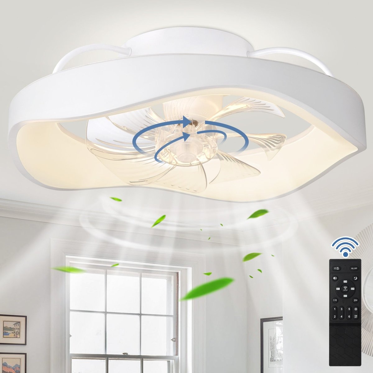 DLLT Flush Mount Ceiling Fan with Led Light and Remote, Low Profile Ceiling Fan-360-Degree Oscillating, 3CCT Adjustable, LED Dimmable, 6 Speeds Timing Modern Fan for Kitchen, Bedroom, White, 20 Inch, Blossom - WS-FPZ53-32C-WH 1 | DEPULEY