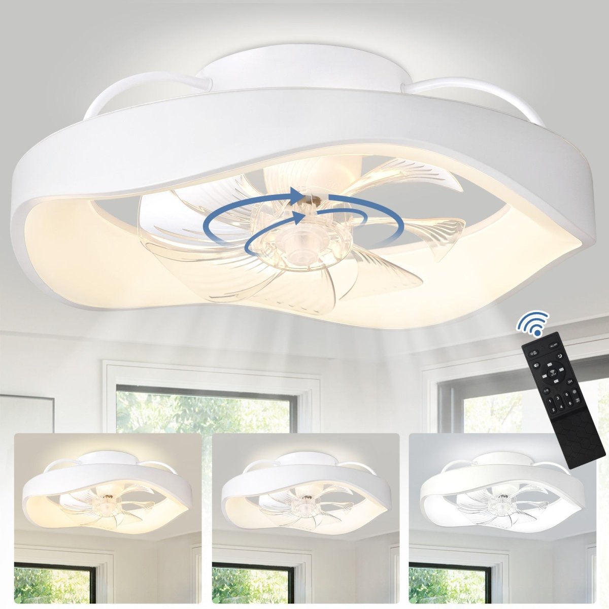 DLLT Flush Mount Ceiling Fan with Led Light and Remote, Low Profile Ceiling Fan-360-Degree Oscillating, 3CCT Adjustable, LED Dimmable, 6 Speeds Timing Modern Fan for Kitchen, Bedroom, White, 20 Inch, Blossom - WS-FPZ53-32C-WH 2 | DEPULEY