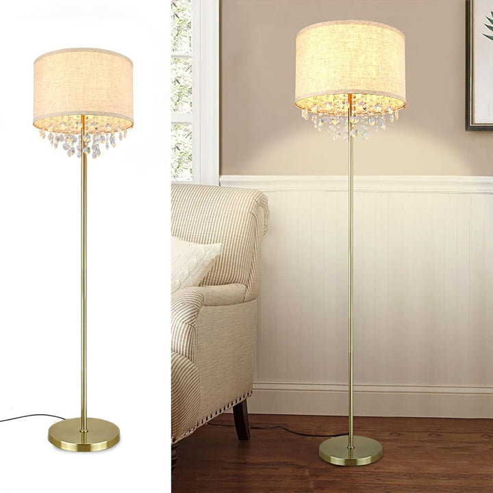 DLLT LED Floor Lamp for Living Room, Crystal Elegant Reading Standing Light for Kids Bedroom, Suit Mid Century, Modern & Farmhouse Rooms, Tall Pole with Fabric Drum Shade, Brass - PY-F1032G 2 | DEPULEY