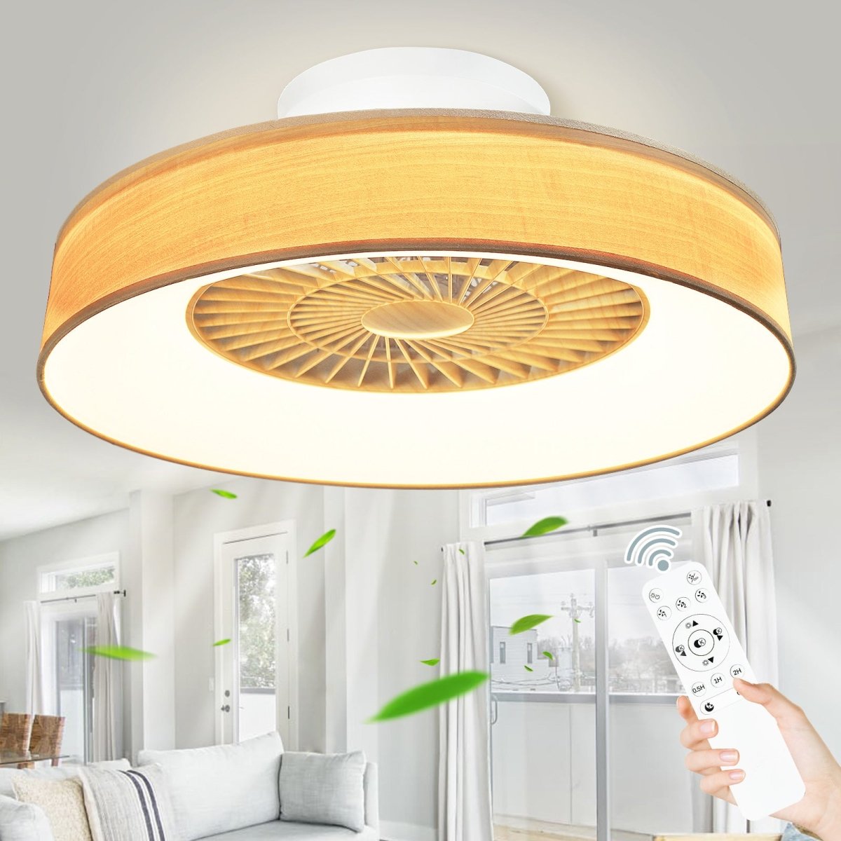 DLLT Low Profile Ceiling Fan - 22.5 Inch Bladeless Ceiling Fan with Light and Remote, 3 Colors Dimmable LED 3 Speeds 5 Blades Enclosed Ceiling Fans with Light for Living Room Bedroom, Wood Grain - WS-FPZ47-40C-WG 1 | DEPULEY