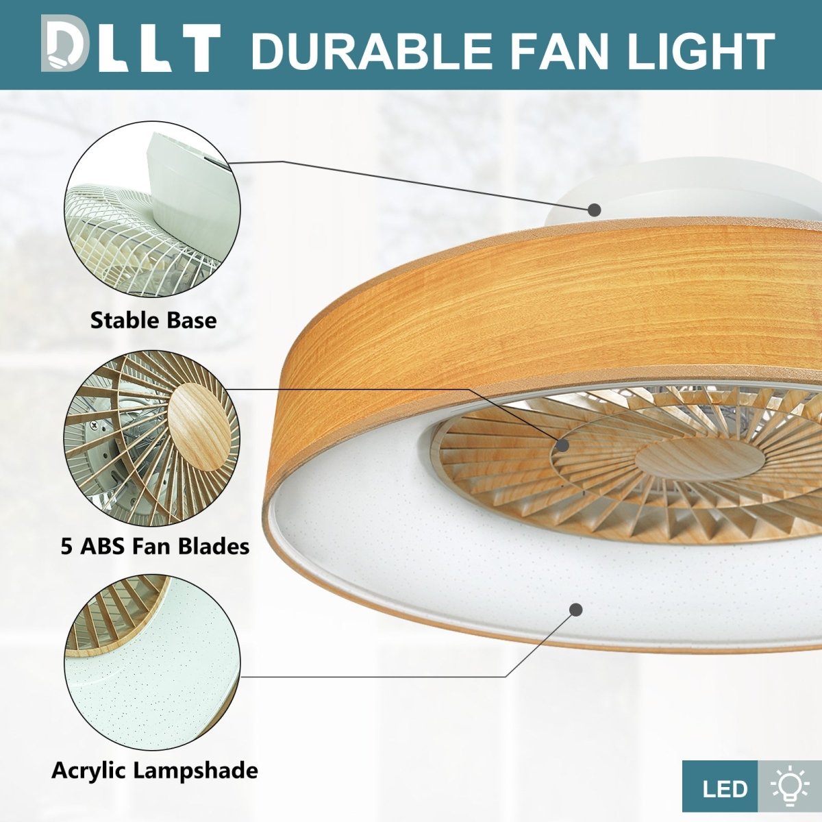 DLLT Low Profile Ceiling Fan - 22.5 Inch Bladeless Ceiling Fan with Light and Remote, 3 Colors Dimmable LED 3 Speeds 5 Blades Enclosed Ceiling Fans with Light for Living Room Bedroom, Wood Grain - WS-FPZ47-40C-WG 3 | DEPULEY