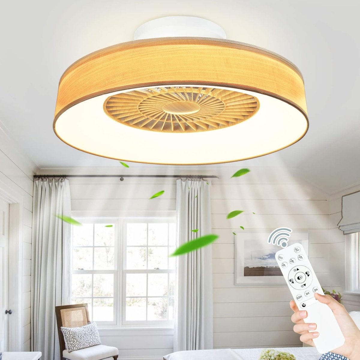 DLLT Low Profile Ceiling Fan - 22.5 Inch Bladeless Ceiling Fan with Light and Remote, 3 Colors Dimmable LED 3 Speeds 5 Blades Enclosed Ceiling Fans with Light for Living Room Bedroom, Wood Grain - WS-FPZ47-40C-WG 2 | DEPULEY
