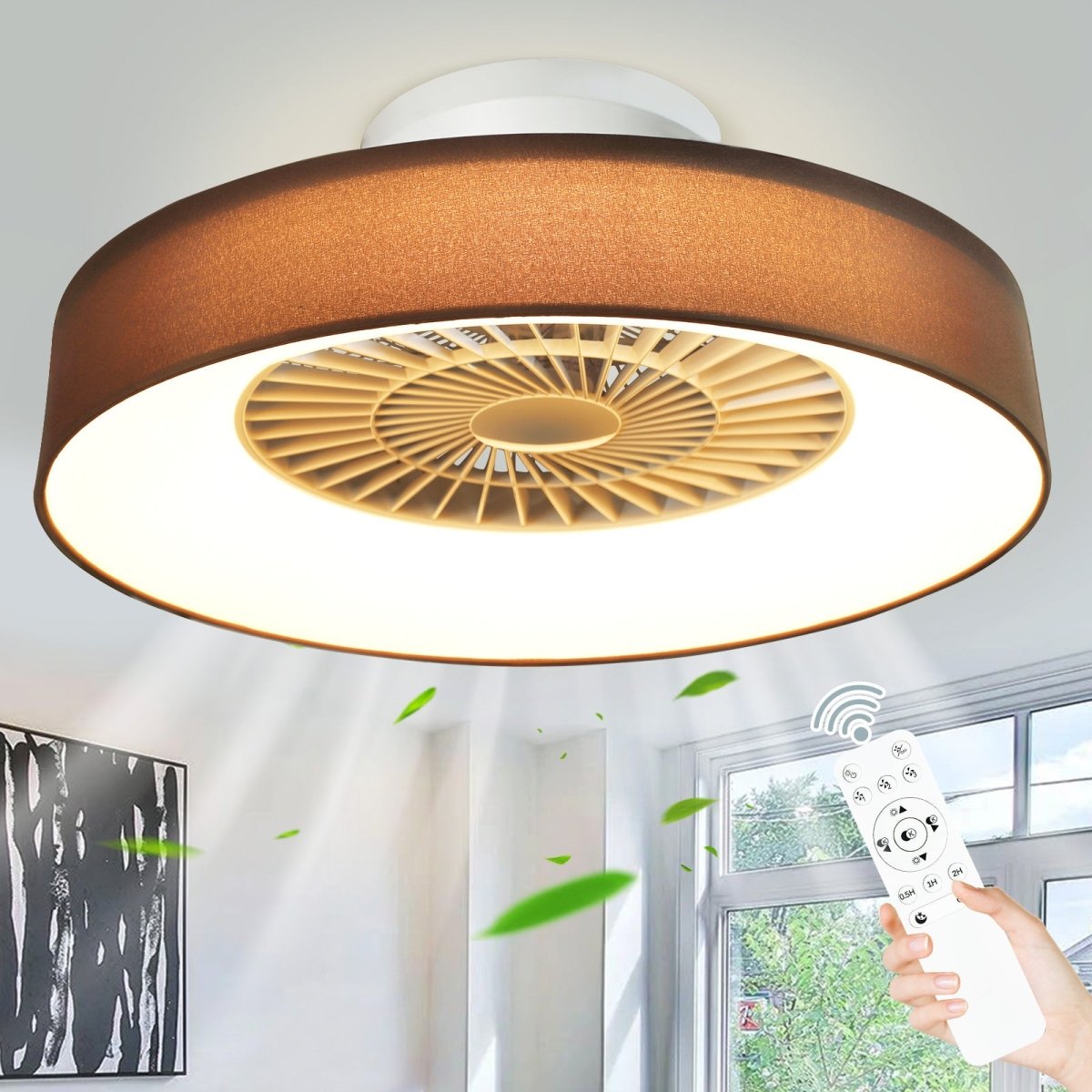 DLLT Low Profile Ceiling Fan with Light, 22.5'' LED Dimmable Ceiling Fans with Lights and Remote, Modern Bladeless Enclosed Ceiling Fan Flush Mount with Reverse Motor for Bedroom Living Room, Brown - WS-FPZ47-40C-CB 1 | DEPULEY