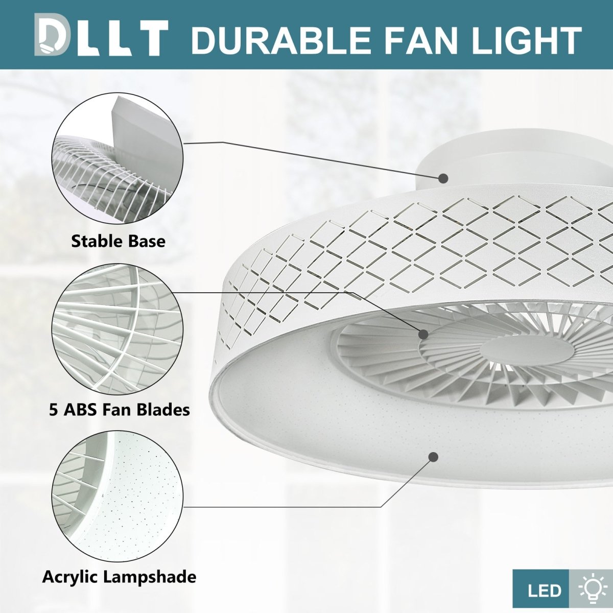 DLLT Low Profile Ceiling Fan with Light, 22.5'' LED Dimmable Ceiling Fans with Lights and Remote, Modern Bladeless Enclosed Ceiling Fan Flush Mount with Reverse Motor for Bedroom Living Room, White Argyle - WS-FPZ47-40C-WS 3 | DEPULEY
