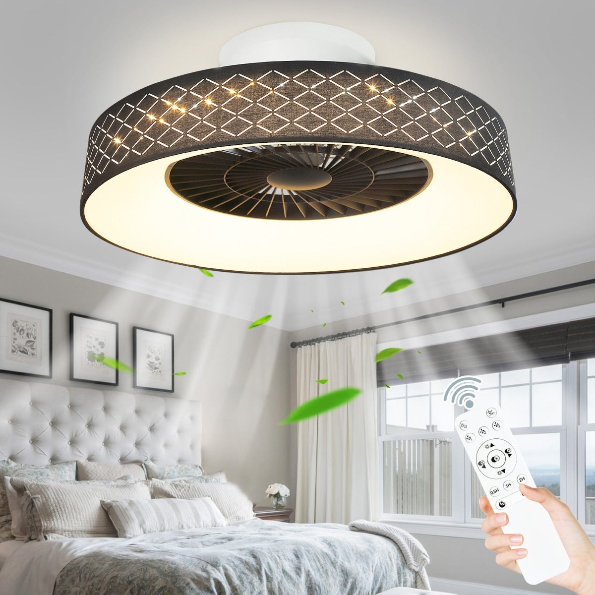 DLLT Low Profile Ceiling Fan with Light, 22.5'' LED Dimmable Ceiling Fans with Lights and Remote, Modern Bladeless Enclosed Ceiling Fan Flush Mount with Reverse Motor for Bedroom Living Room, Black Argyle - WS-FPZ47-40C-BS 2 | DEPULEY