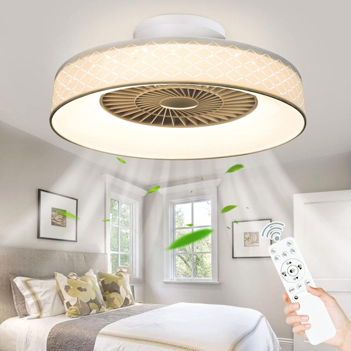 DLLT Low Profile Ceiling Fan with Light, 22.5'' LED Dimmable Ceiling Fans with Lights and Remote, Modern Bladeless Enclosed Ceiling Fan Flush Mount with Reverse Motor for Bedroom Living Room, White Argyle - WS-FPZ47-40C-WS 2 | DEPULEY