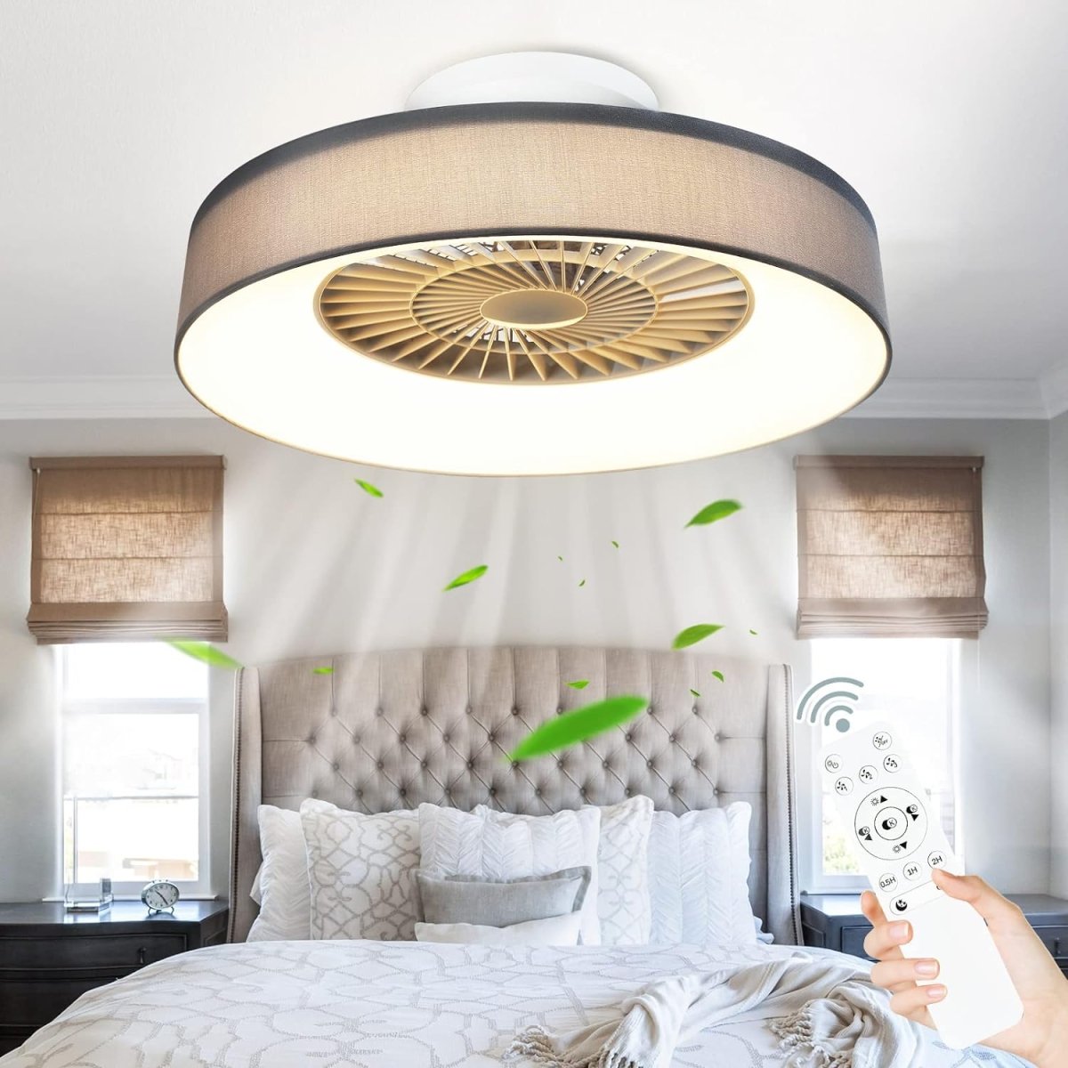 DLLT Low Profile Ceiling Fan with Light, 22.5'' LED Dimmable Ceiling Fans with Lights and Remote, Modern Bladeless Enclosed Ceiling Fan Flush Mount with Reverse Motor for Bedroom Living Room, Gray - WS-FPZ47-40C-GY 2 | DEPULEY