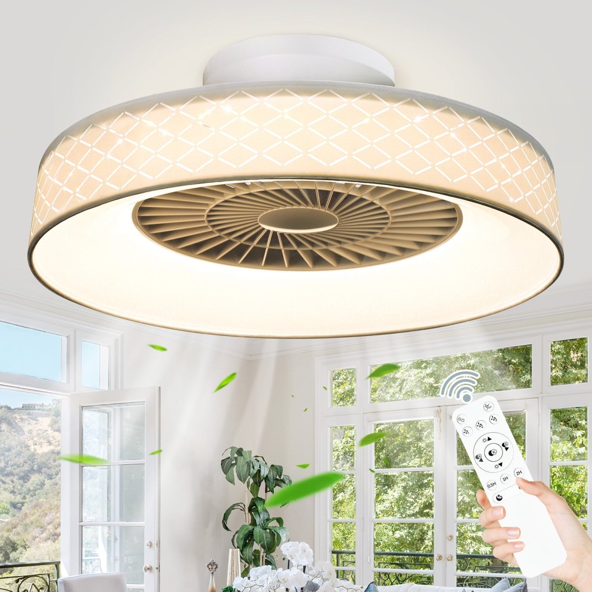 DLLT Low Profile Ceiling Fan with Light, 22.5'' LED Dimmable Ceiling Fans with Lights and Remote, Modern Bladeless Enclosed Ceiling Fan Flush Mount with Reverse Motor for Bedroom Living Room, White Argyle - WS-FPZ47-40C-WS 1 | DEPULEY
