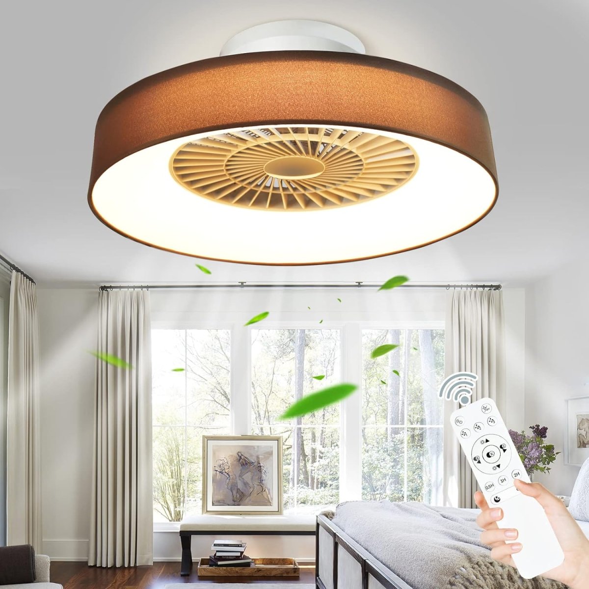 DLLT Low Profile Ceiling Fan with Light, 22.5'' LED Dimmable Ceiling Fans with Lights and Remote, Modern Bladeless Enclosed Ceiling Fan Flush Mount with Reverse Motor for Bedroom Living Room, Brown - WS-FPZ47-40C-CB 2 | DEPULEY