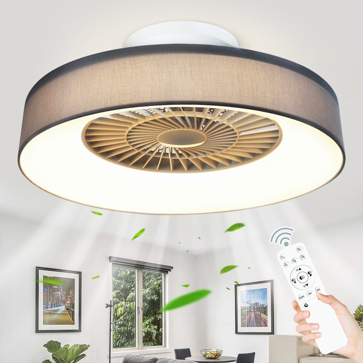 DLLT Low Profile Ceiling Fan with Light, 22.5'' LED Dimmable Ceiling Fans with Lights and Remote, Modern Bladeless Enclosed Ceiling Fan Flush Mount with Reverse Motor for Bedroom Living Room, Gray - WS-FPZ47-40C-GY 1 | DEPULEY