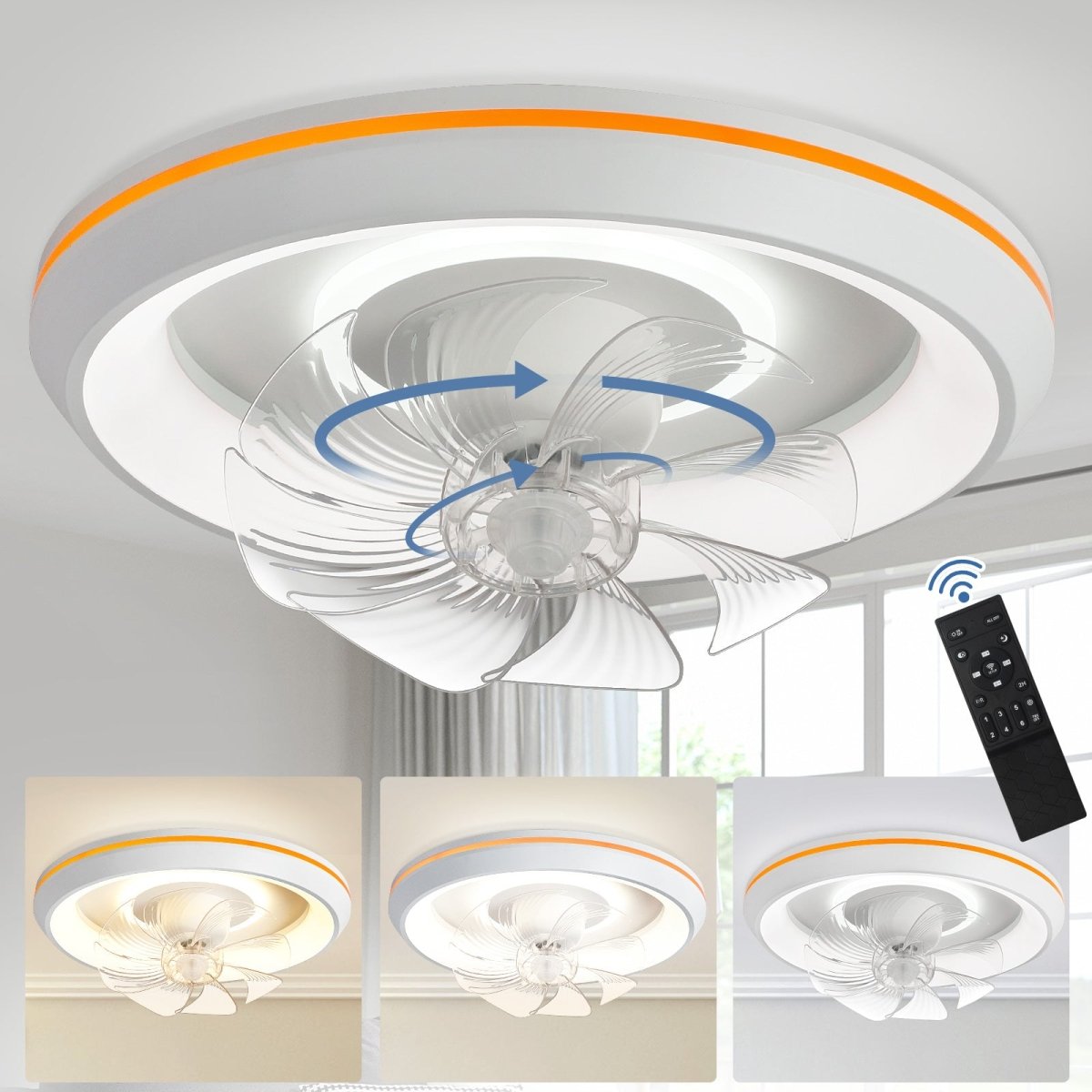 DLLT Modern 360-Degree Rotation Low Profile Ceiling Fans with Lights and Remote, Dimmable LED Reversible Timing, Ceiling Fans with Lights 3 Colors 6 Speeds Bladeless for Bedroom, Kitchen, 19’’, White - WS-FPZ54-30C-WH 2 | DEPULEY