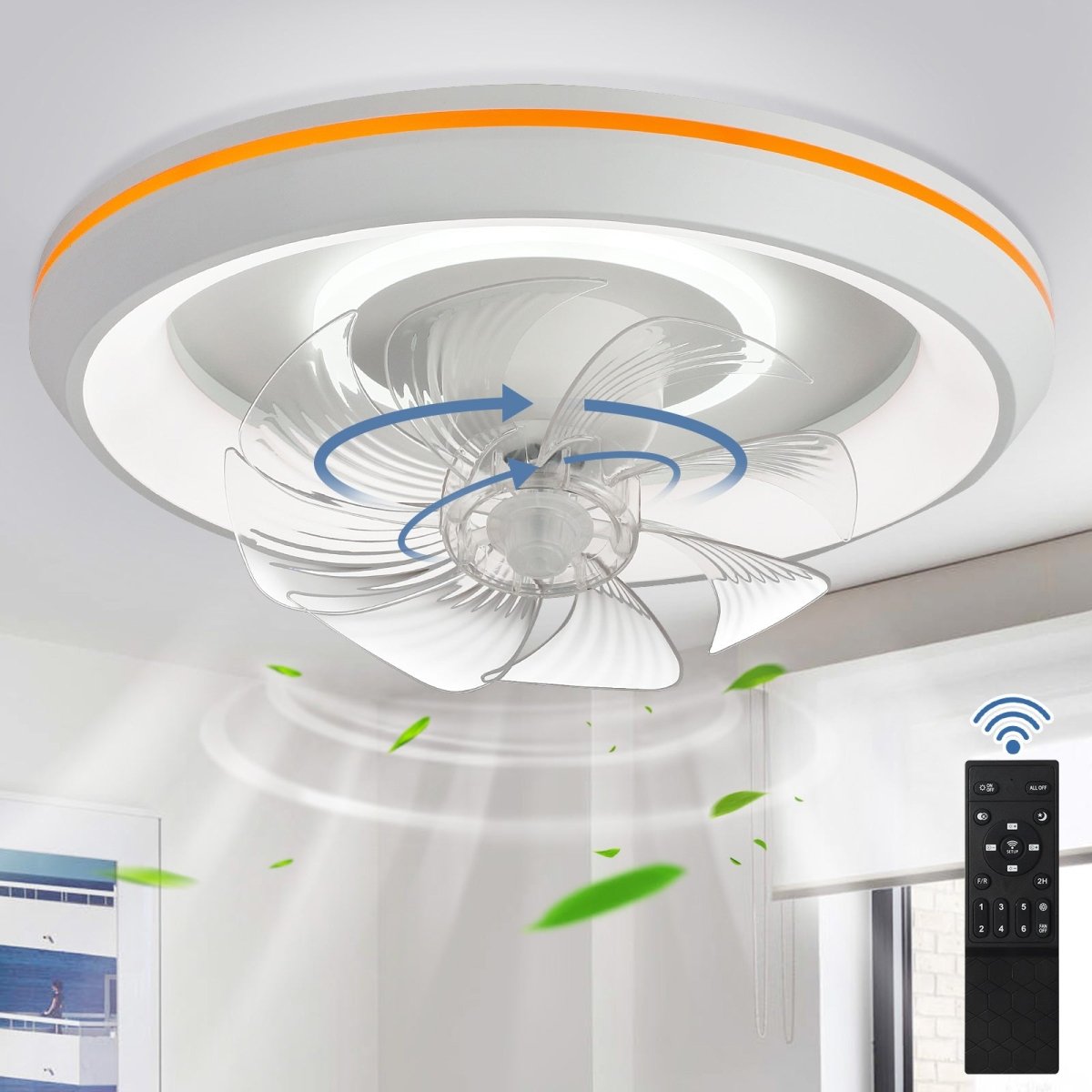 DLLT Modern 360-Degree Rotation Low Profile Ceiling Fans with Lights and Remote, Dimmable LED Reversible Timing, Ceiling Fans with Lights 3 Colors 6 Speeds Bladeless for Bedroom, Kitchen, 19’’, White - WS-FPZ54-30C-WH 1 | DEPULEY
