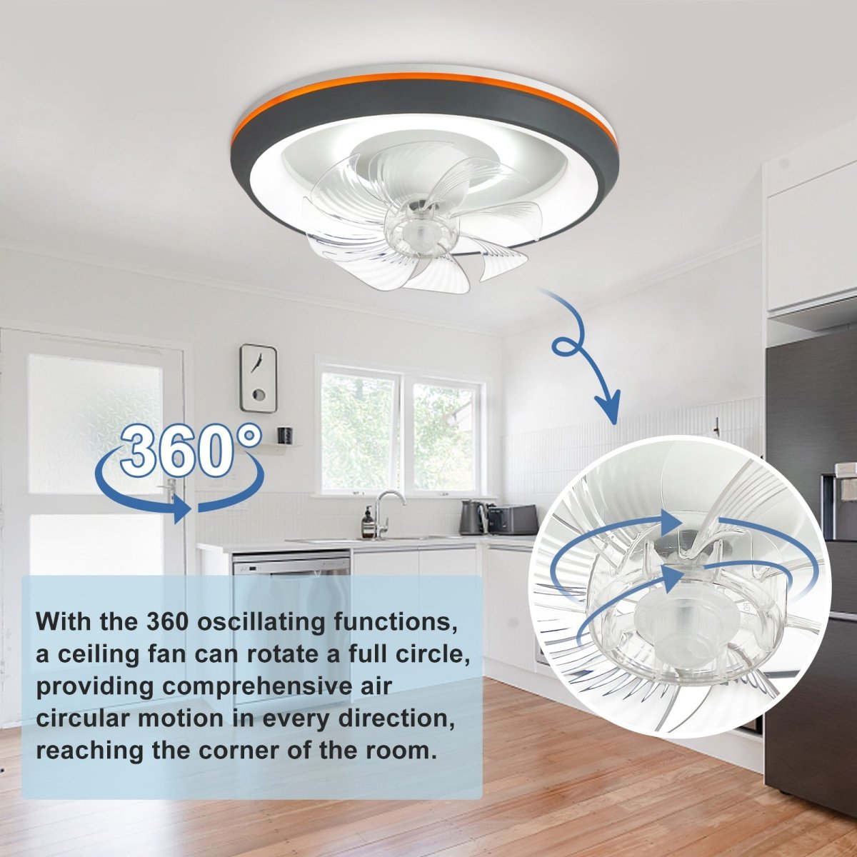 DLLT Modern Ceiling Fans with Lights, 360-Degree Rotation Low Profile Ceiling Fans with Lights and Remote, Dimmable LED Reversible Timing, 3 Colors 6 Speeds Bladeless for Bedroom, Kitchen, 19’’, Grey, UFO - WS-FPZ54-30C-BK 3 | DEPULEY