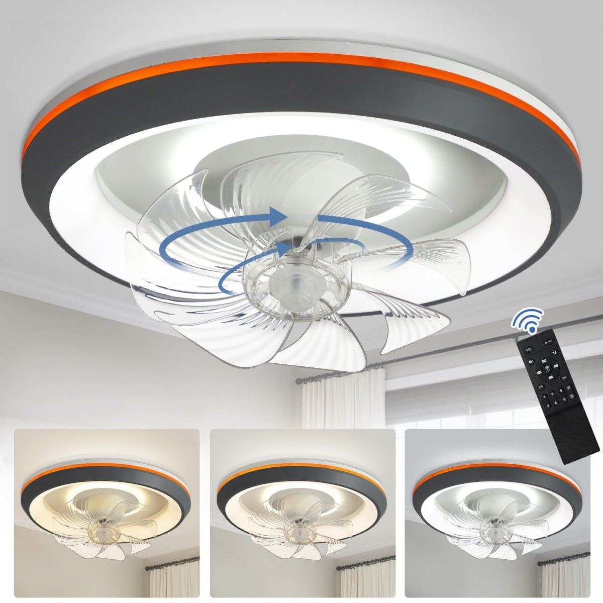 DLLT Modern Ceiling Fans with Lights, 360-Degree Rotation Low Profile Ceiling Fans with Lights and Remote, Dimmable LED Reversible Timing, 3 Colors 6 Speeds Bladeless for Bedroom, Kitchen, 19’’, Grey, UFO - WS-FPZ54-30C-BK 2 | DEPULEY
