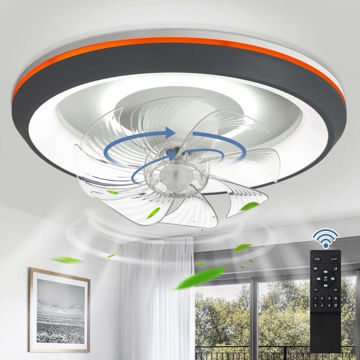 DLLT Modern Ceiling Fans with Lights, 360-Degree Rotation Low Profile Ceiling Fans with Lights and Remote, Dimmable LED Reversible Timing, 3 Colors 6 Speeds Bladeless for Bedroom, Kitchen, 19’’, Grey, UFO - WS-FPZ54-30C-BK 1 | DEPULEY
