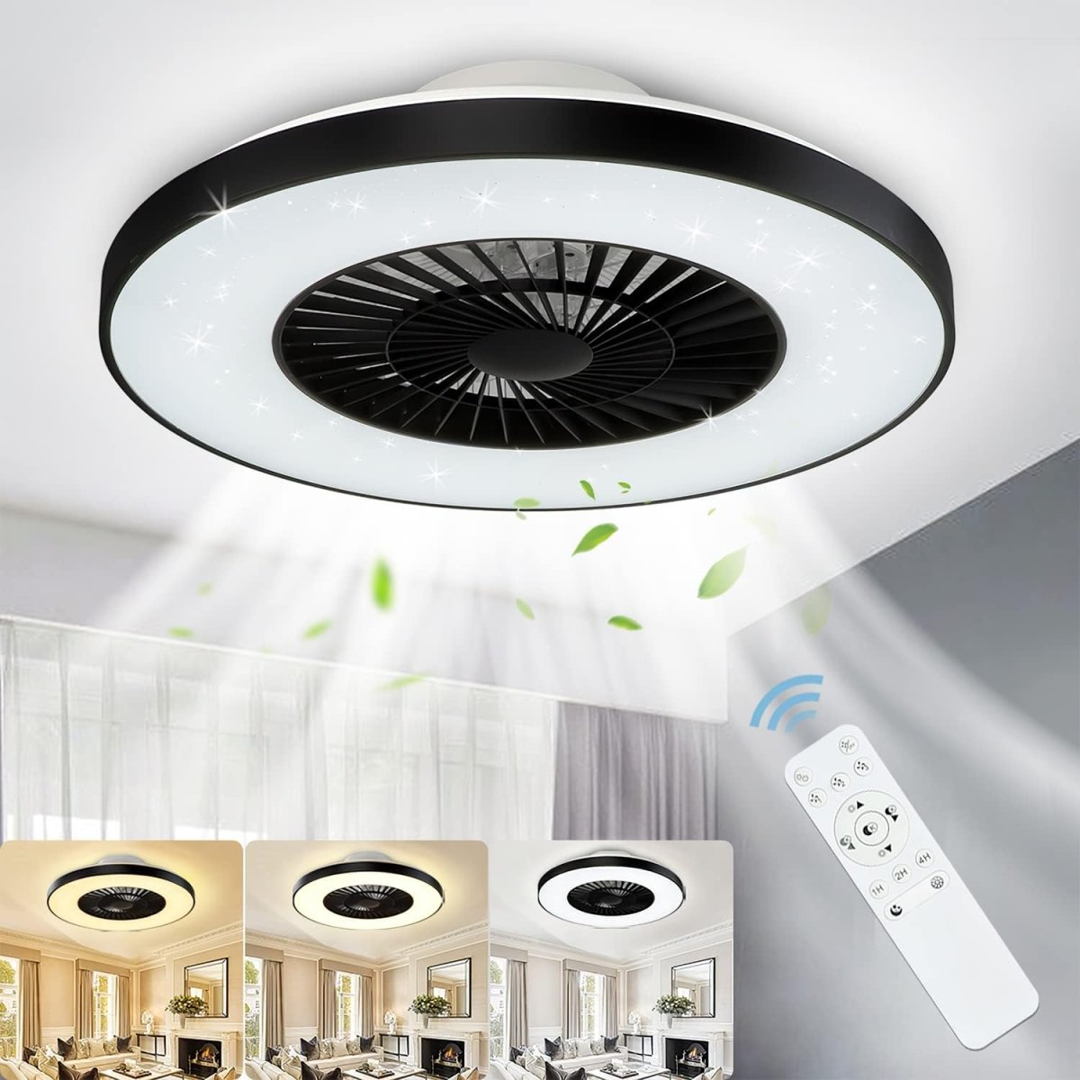 DLLT Modern Ceiling Fans with Lights, 40W LED Dimmable with Remote, 7 Invisible Blades Semi Flush Mount Ceiling Fan Light, 3-Speed Indoor Low Profile Ceiling Fan, 3000K-6500K Timing - WS-FPZ12-40C 1 | DEPULEY