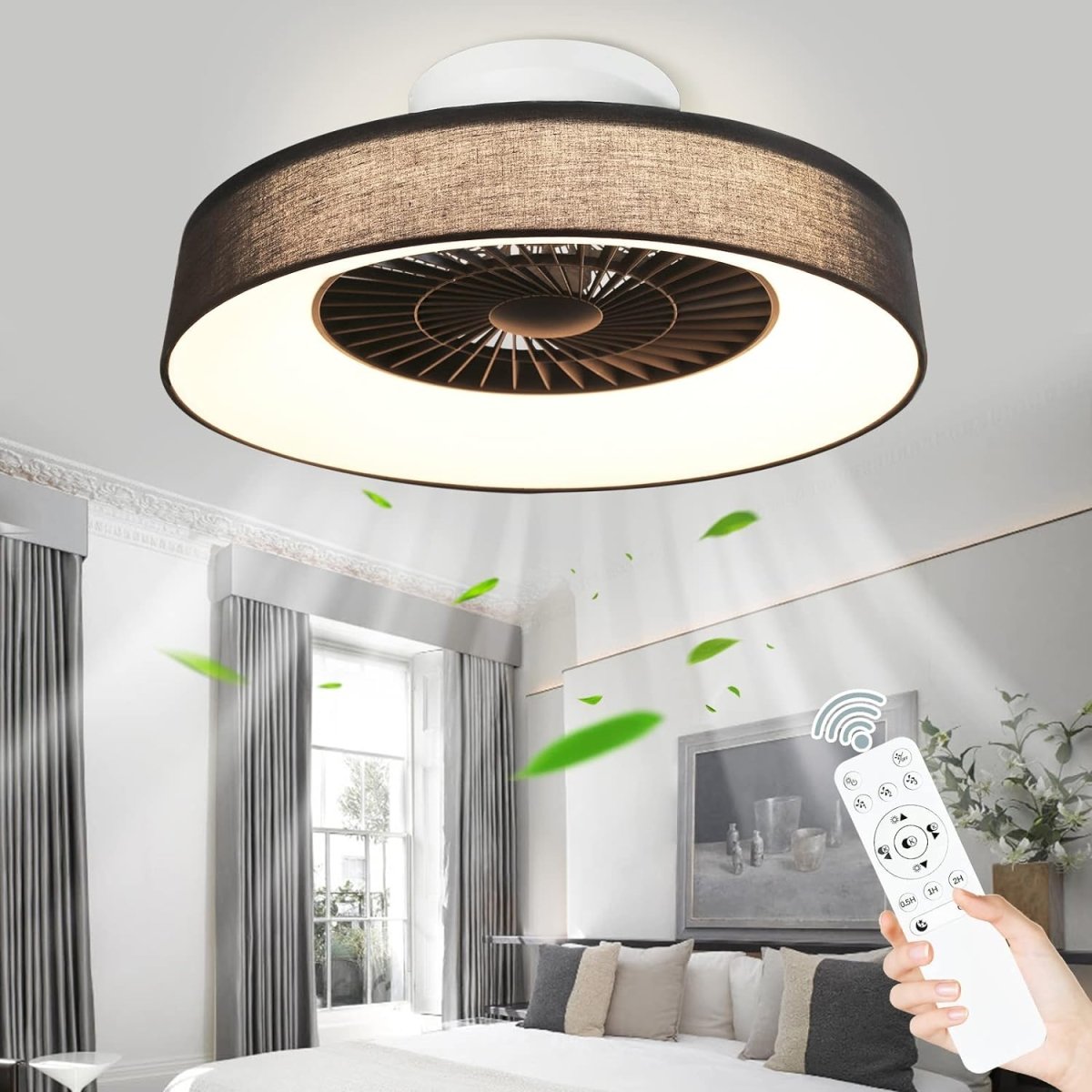 DLLT Modern Flush Mount Ceiling Fan with Lights- 22.5'' Dimmable Low Profile Indoor Ceiling Fans with Remote Control, Smart 3 Light Color Change and Timing for Bedroom Living Room Kitchen, Black - WS-FPZ47-40C-BK 2 | DEPULEY