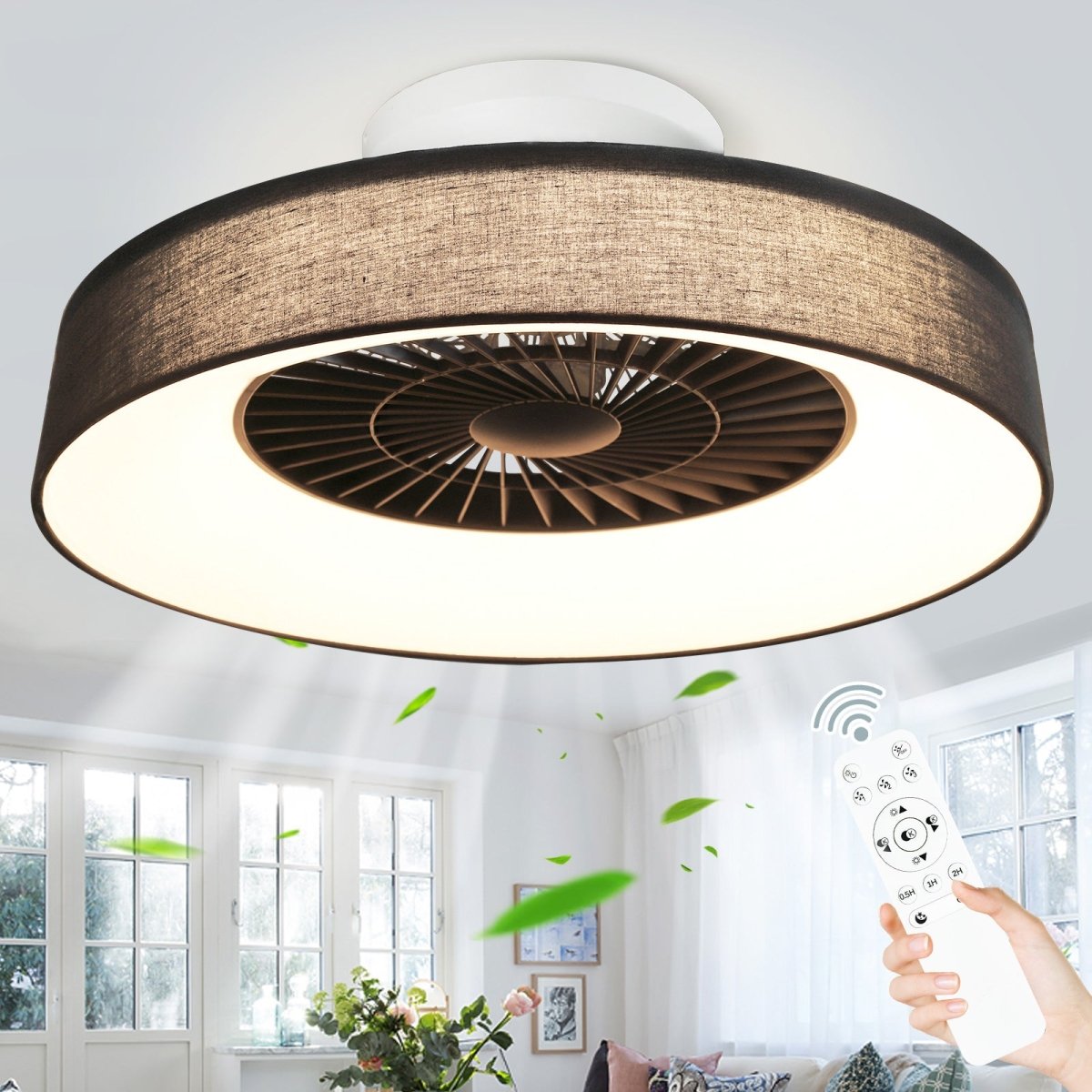 DLLT Modern Flush Mount Ceiling Fan with Lights- 22.5'' Dimmable Low Profile Indoor Ceiling Fans with Remote Control, Smart 3 Light Color Change and Timing for Bedroom Living Room Kitchen, Black - WS-FPZ47-40C-BK 1 | DEPULEY