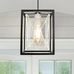 Farmhouse Pendant Light, Adjustable Hanging Light Fixtures with Metal Rectangle Cage, 1-Light Lantern Chandelier for Kitchen Island Dining Room Hallway Entryway, Black and White, E26 Base - WS-FND61-60B 3 | DEPULEY