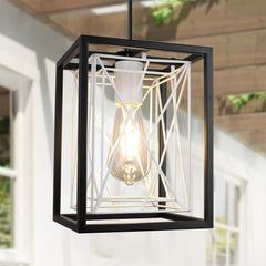 Farmhouse Pendant Light, Adjustable Hanging Light Fixtures with Metal Rectangle Cage, 1-Light Lantern Chandelier for Kitchen Island Dining Room Hallway Entryway, Black and White, E26 Base - WS-FND61-60B 4 | DEPULEY