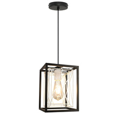 Farmhouse Pendant Light, Adjustable Hanging Light Fixtures with Metal Rectangle Cage, 1-Light Lantern Chandelier for Kitchen Island Dining Room Hallway Entryway, Black and White, E26 Base - WS-FND61-60B 1 | DEPULEY