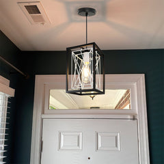 Farmhouse Pendant Light, Adjustable Hanging Light Fixtures with Metal Rectangle Cage, 1-Light Lantern Chandelier for Kitchen Island Dining Room Hallway Entryway, Black and White, E26 Base - WS-FND61-60B 2 | DEPULEY