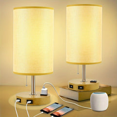 Modern Table Lamp with Dual USB Charging Ports, Metal Nightstand Light with Round Fabric Shade Bedside Desk Lamp Lighting - WSTL11 - RD - 2 1 | DEPULEY