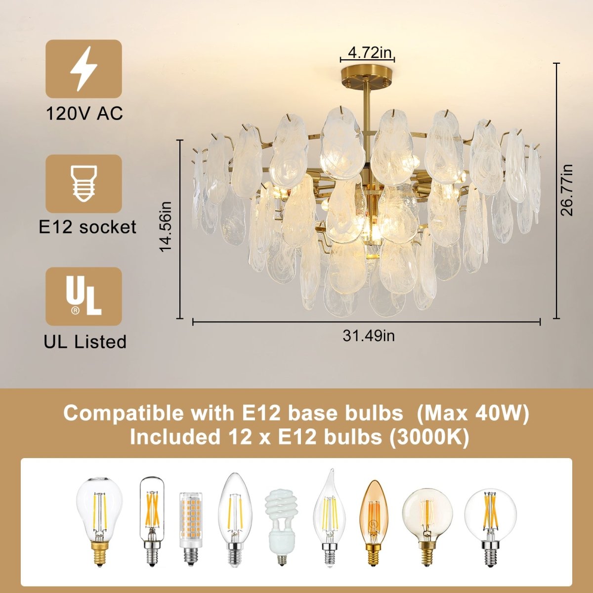 Wansi Shine 12-Light Modern Semi Flush Mount Ceiling Light, 31.5" or 27.5" Crystal Chandelier Ceiling Light Fixtures with 3-Tire Cloud Glass Lampshade for Bedroom, Included 12 LED Bulbs - WS-FPC53-D800-12C3 2 | DEPULEY