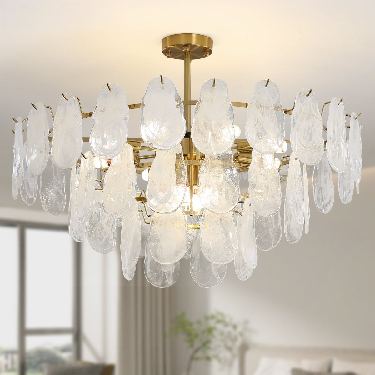 Wansi Shine 12-Light Modern Semi Flush Mount Ceiling Light, 31.5" or 27.5" Crystal Chandelier Ceiling Light Fixtures with 3-Tire Cloud Glass Lampshade for Bedroom, Included 12 LED Bulbs - WS-FPC53-D800-12C3 1 | DEPULEY