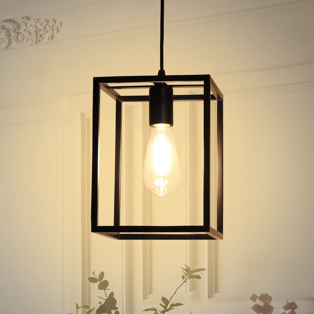 Depuley 1 Light Black Lantern Pendant Light Fixture, Depuley Rustic Hallway Chandelier Lighting with Adjustable Cord, Rectangle Metal Cage Hanging Lights - WSCDD25-B 1 | Depuley