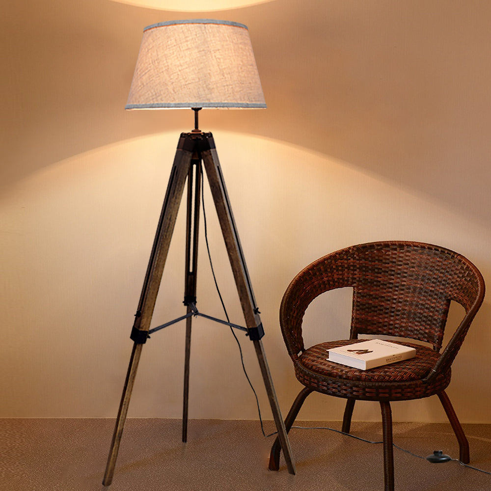 Dey Led Tripod Floor Lamp Wood Mid Century Modern Reading 8w Rustic Standing Lamps Farmhouse For Living Room Bedroom Study Bedside And Office Flaxen Shade Adjule Height