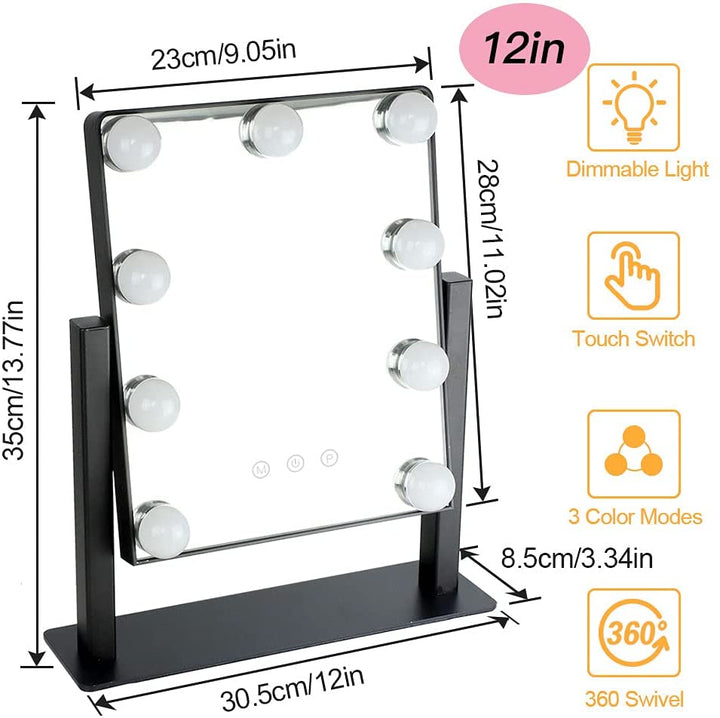 Depuley 14 x 12 In Hollywood Lighted Vanity Makeup Mirror with Lights 9 Dimmer Led Bulbs Smart Touch Control, 3 Color Lighting Modes, Detachable 10X Magnification 360°Rotation, 35 x 30 cm (Black) - WS-MPM2-8B 7 | Depuley