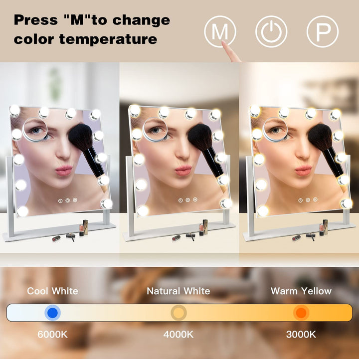 Depuley 18 x 17 In Hollywood Vanity Mirror Lighted Makeup Mirror, Personal Makeup Mirrors with 12pc Dimmable LED Bulbs, Cosmetic Mirrors for 3 Color Lighting, 10X Magnification Mirror, 360° Swivel, Touch Control, 47 x 44 cm - WS-MPM5-10B 10 | Depuley