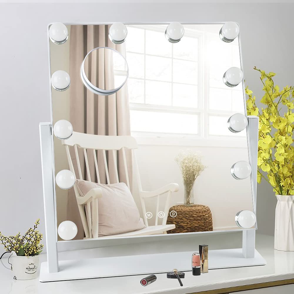 Depuley 18 x 17 In Hollywood Vanity Mirror Lighted Makeup Mirror, Personal Makeup Mirrors with 12pc Dimmable LED Bulbs, Cosmetic Mirrors for 3 Color Lighting, 10X Magnification Mirror, 360° Swivel, Touch Control, 47 x 44 cm - WS-MPM5-10B 1 | Depuley