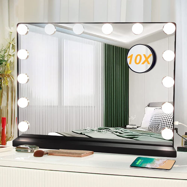 Lighted Makeup Mirror Hollywood Mirror Vanity Mirror with Lights, Touch  Control Design 3 Colors Dimable LED Bulbs, Detachable 10X Magnification