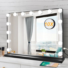 Depuley 23 x 18 In Makeup Vanity Mirror, 3 Color Changing 15Pcs Dimmable LED Light Bulbs, Smart Touch Control Standing Mirror Light, Lighted Mirror with 10X Magnification, Tabletop, Bedroom, Dressing Room, Black, 58 x 44 cm - WS-MPM8-12U 1 | Depuley