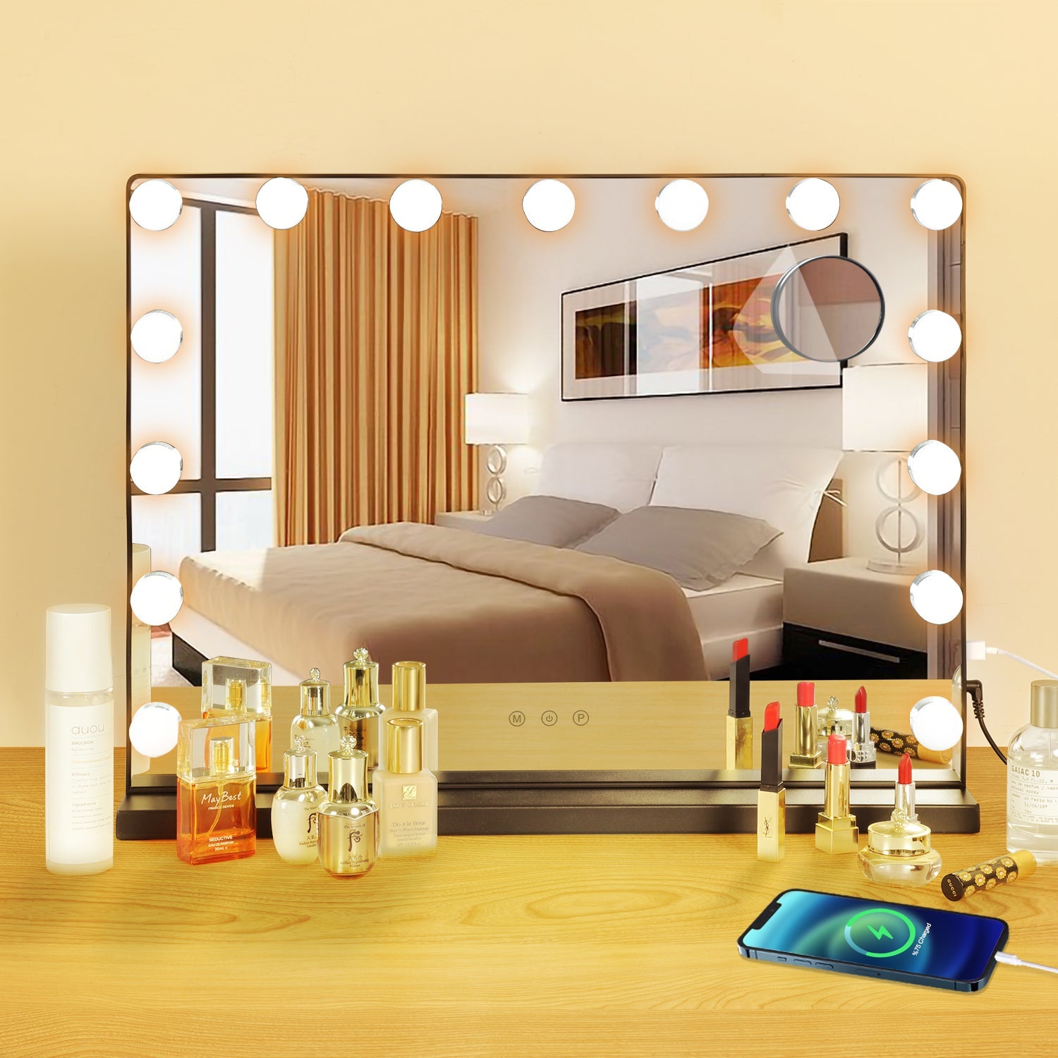 Depuley 23 x 18 in Makeup Vanity Mirror 3 Color Changing 15pcs Dimmable LED Light Bulbs Smart Touch Control Standing Mirror Light Lighted Mirror Wi