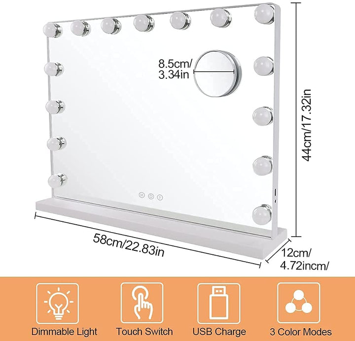 Depuley 23 x 18 In Vanity Mirror with Lights, Hollywood Large Lighted Makeup Mirror with Smart Touch Control Screen & USB-Powered 15 Dimmable LED Lights for Dressing Room, Bedroom, Tabletop, White, 58 x 44 cm - WS-MPM9-12U 16 | Depuley