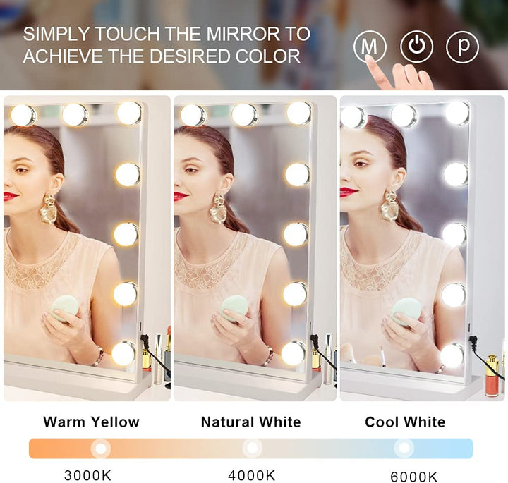 Depuley 23 x 18 In Vanity Mirror with Lights, Hollywood Large Lighted Makeup Mirror with Smart Touch Control Screen & USB-Powered 15 Dimmable LED Lights for Dressing Room, Bedroom, Tabletop, White, 58 x 44 cm - WS-MPM9-12U 6 | Depuley