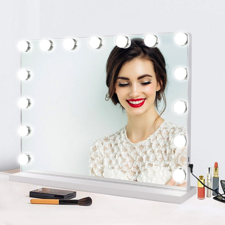 Depuley 23 x 18 In Vanity Mirror with Lights, Hollywood Large Lighted Makeup Mirror with Smart Touch Control Screen & USB-Powered 15 Dimmable LED Lights for Dressing Room, Bedroom, Tabletop, White, 58 x 44 cm - WS-MPM9-12U 14 | Depuley