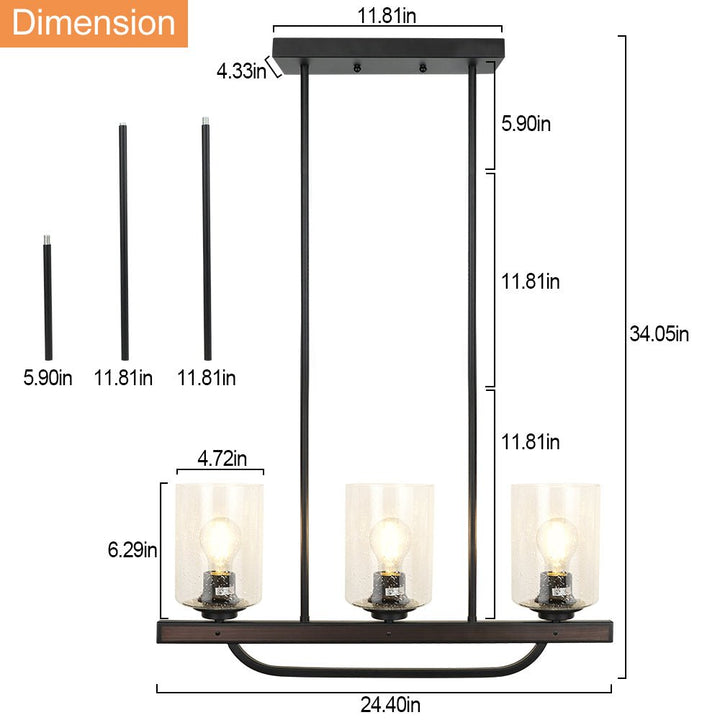 Depuley 3- Light Rustic Pendant Light Fixture, 24" Ceiling Hanging Light with Glass Shade, Adjustable Farmhouse Black Chandelier Lighting - WS-FND75-60B 5 | Depuley