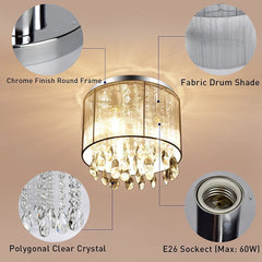 Depuley 3-Light Flush Mount Crystal Ceiling Light, 11 Inch Drum Crystal Chandelier with Cylinder Net Lamp Shade, Modern Raindrop Crystal Light Fixture for Entry, Bedroom, Hallway, Kitchen - WSCDD15 4 | Depuley