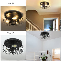 DLLT 3-Light Industrial Flush Mount Ceiling Light Fixture, 14.96'' Farmhouse Matte Black Close to Ceiling Light, Rustic Round Metal Cage Ceiling Lamp for Kitchen/Porch/Dining Room - WS-FNC30-60B 3 | Depuley